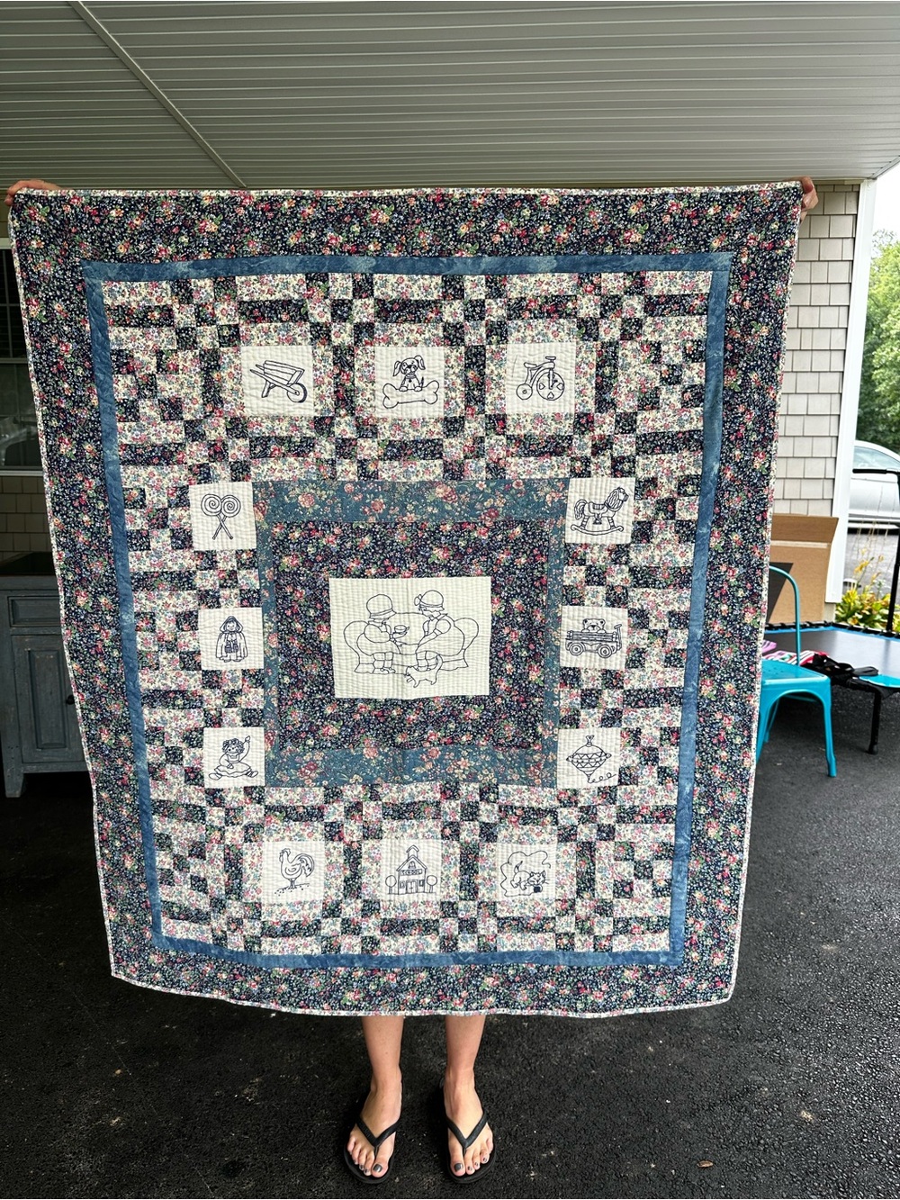Handcrafted Navy and Cream Floral Quilted Throw